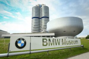 cylinderical high building of BMW HQ and BMW musuem book Germany 7 best towns tour