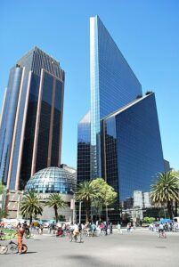 Mexico City Stock Exchange one circular dom in center of glass made buildings: Lovely 3 Day Mexico City tour