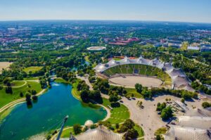 Top view of Munich olympia park showing the sea and the Olymic stadium with greenish landscpae
